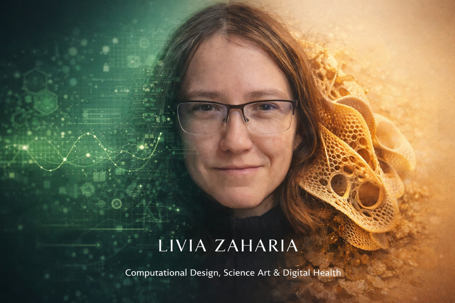Artistic portrait of Livia Zaharia, framed by green scientific imagery and golden parametric forms